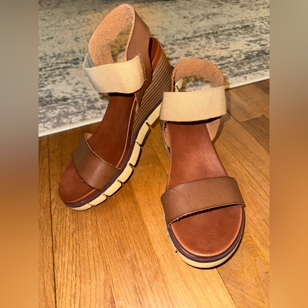 MIA Brown Wedge Sandals with Cream Ankle Strap